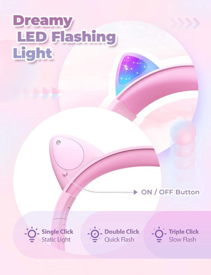 iClever Kids Headphones with Cat Ear Led Light Up Safe Volume Foldable Over-Ear