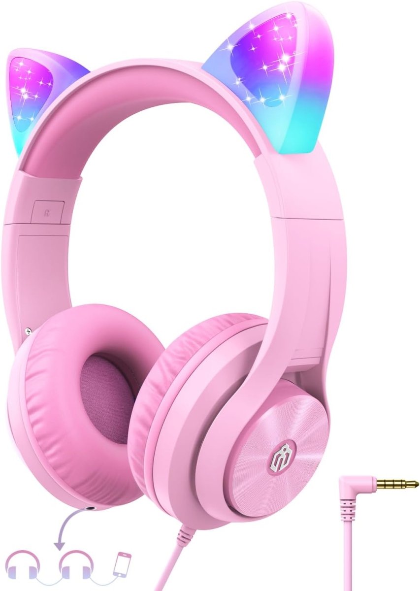 iClever Kids Headphones with Cat Ear Led Light Up Safe Volume Foldable Over-Ear