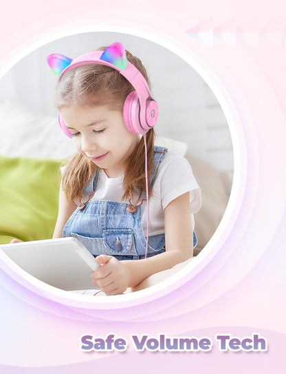iClever Kids Headphones with Cat Ear Led Light Up Safe Volume Foldable Over-Ear