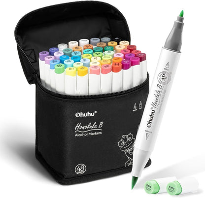 Ohuhu Alcohol Markers Brush and Fine Tip 48-Color Art Sketch Marker Set