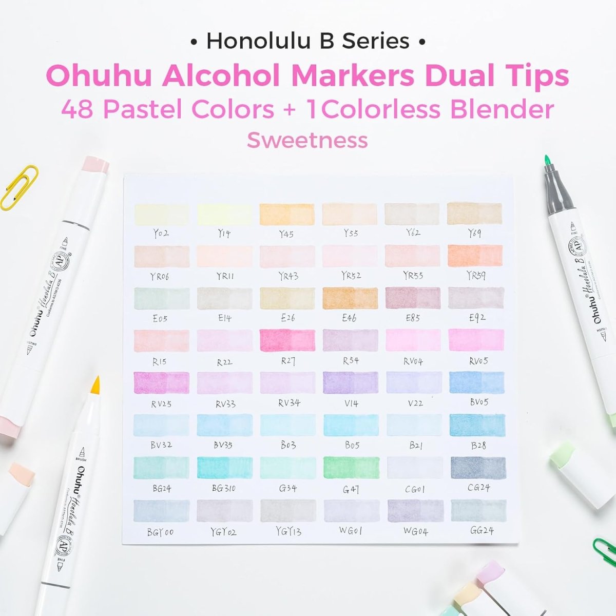 Ohuhu Pastel Markers Brush Tip Alcohol-based Markers Double Tipped 48 Colors