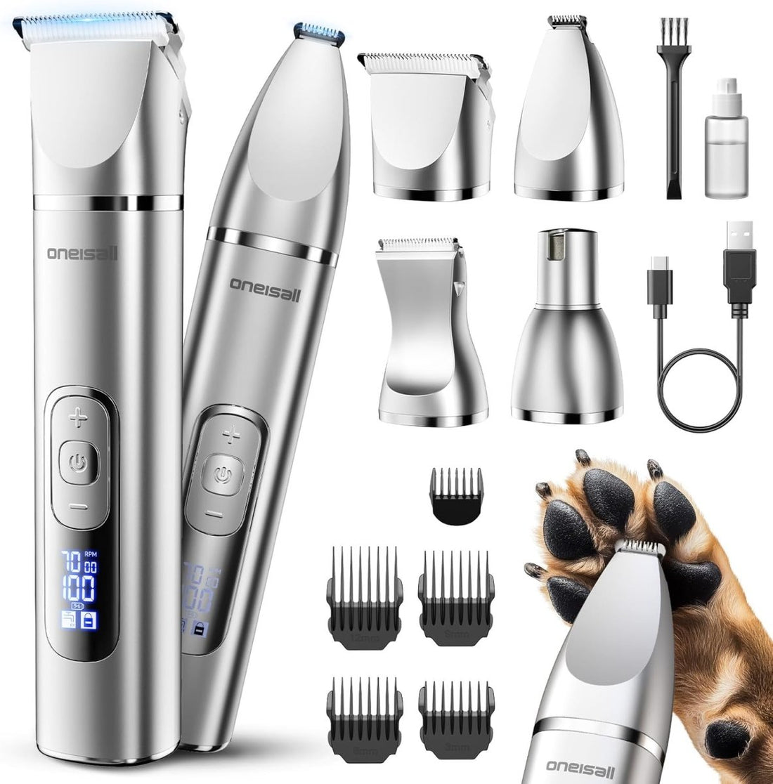 Oneisall 4 in 1 Dog Grooming Kit Rechargeable Cordless Dog Hair Trimmer for Paw Nail Grinder