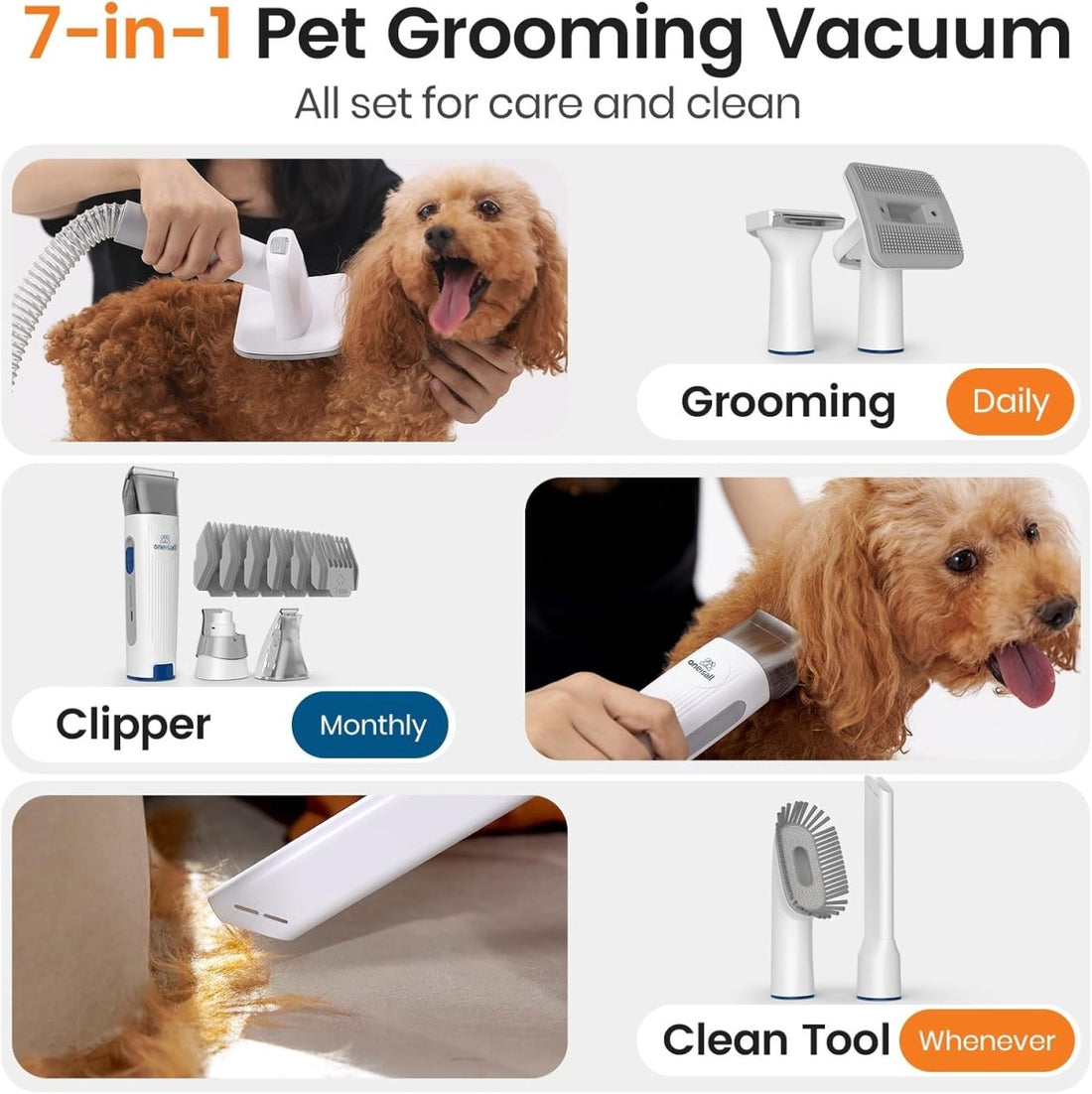 Oneisall Dog Grooming Vacuum Pet Grooming Vacuum with Clipper Nail Grinder AU Version