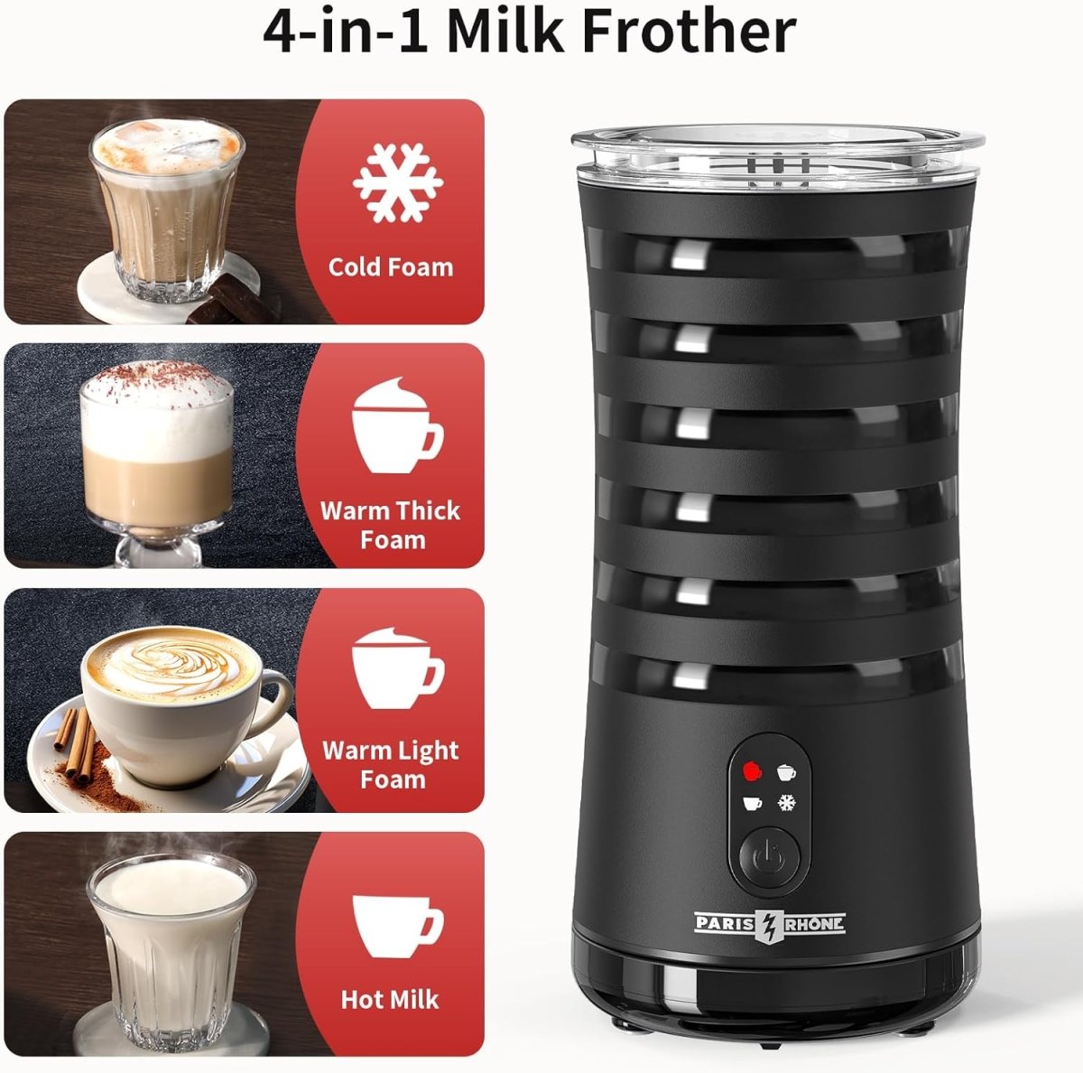 Paris Rhône Milk Frother 4-in-1 Milk Steamer Hot &amp; Cold Foam Milk Warmer