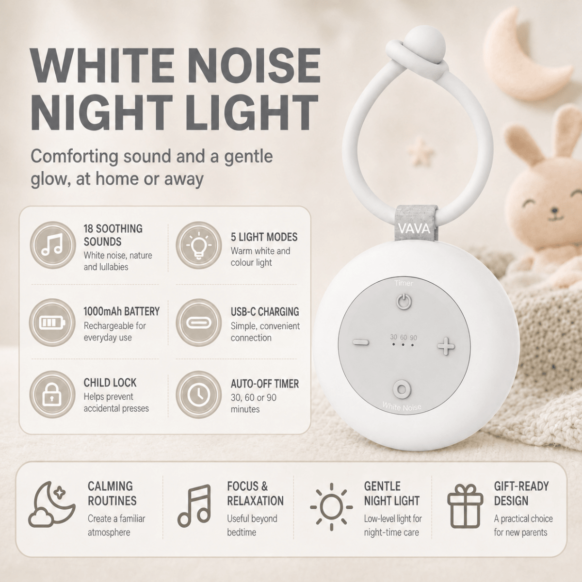 VAVA VA-CL005 Portable White Noise Machine with Night Light