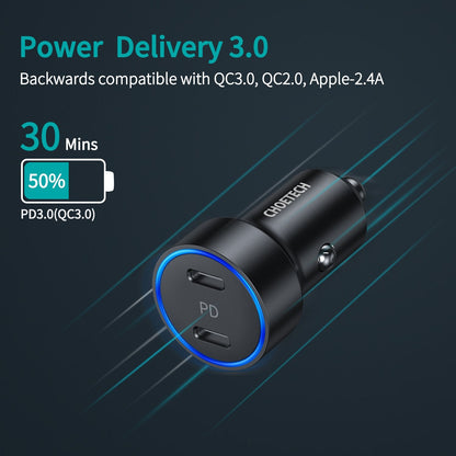 CHOETECH 40W Dual USB-C Car Charger Type-C Power Delivery Quick Charge QC 3.0