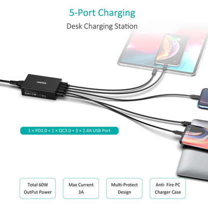 CHOETECH 60W 5 Ports USB C Charger with 30W PD Power Delivery Charging Station