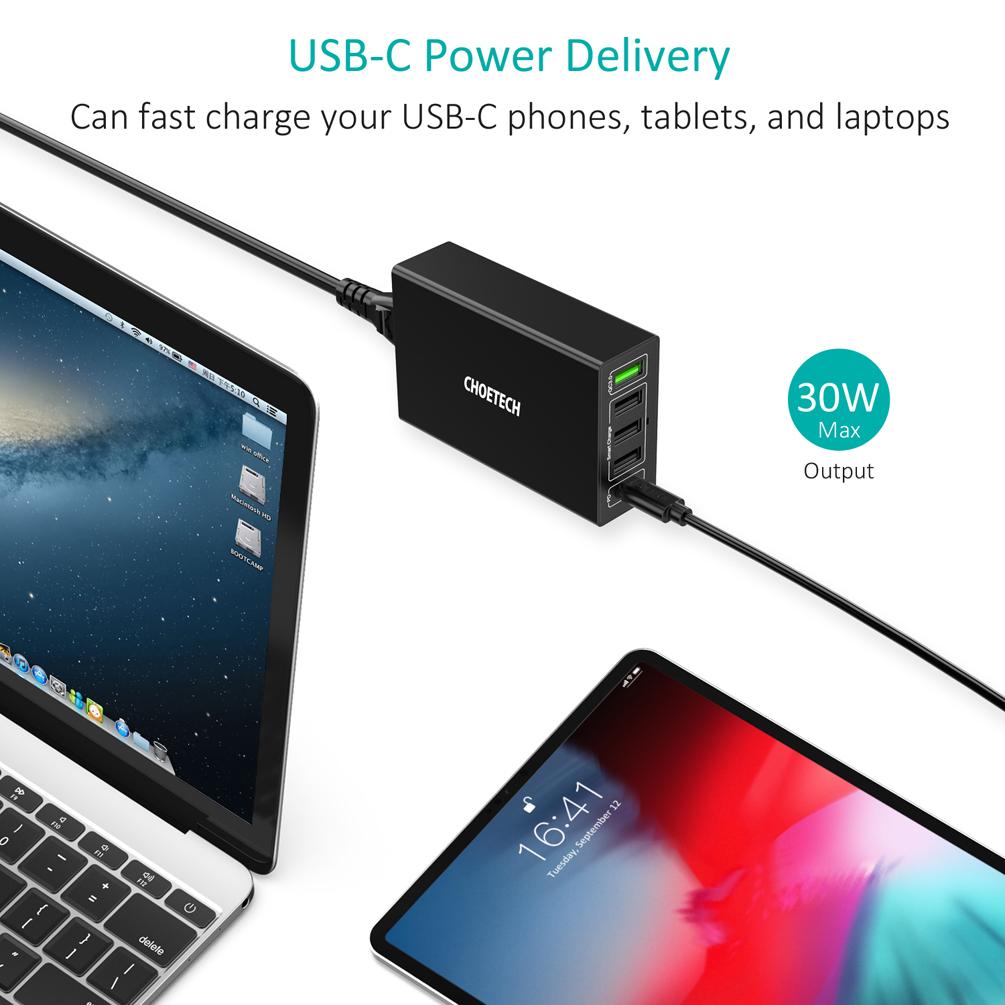 CHOETECH 60W 5 Ports USB C Charger with 30W PD Power Delivery Charging Station