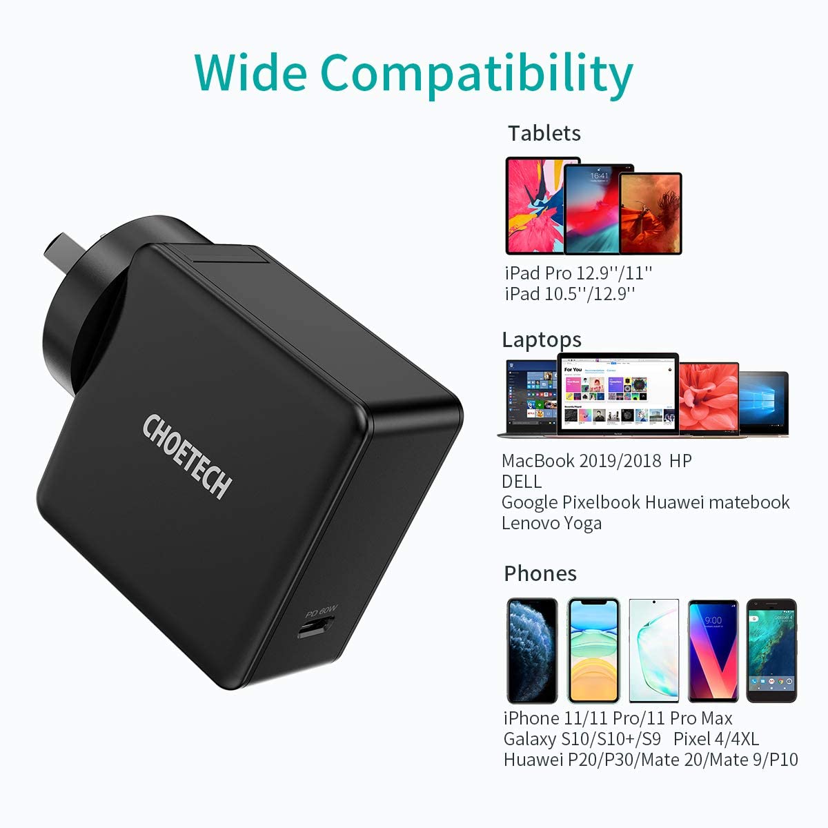 CHOETECH 60W USB-C PD Wall Charger Type C Fast Charge Power Adapter AU PLUG