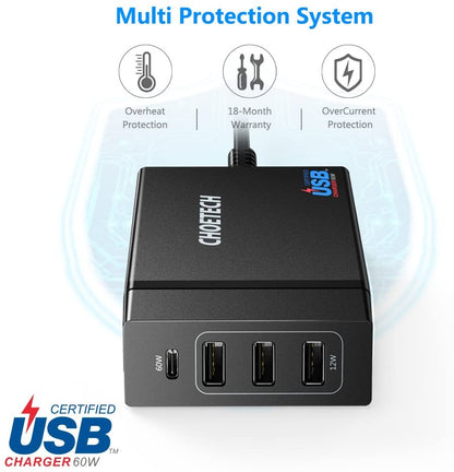 CHOETECH 72W 4 Ports USB C Charger with 60W PD Power Delivery Charging Station