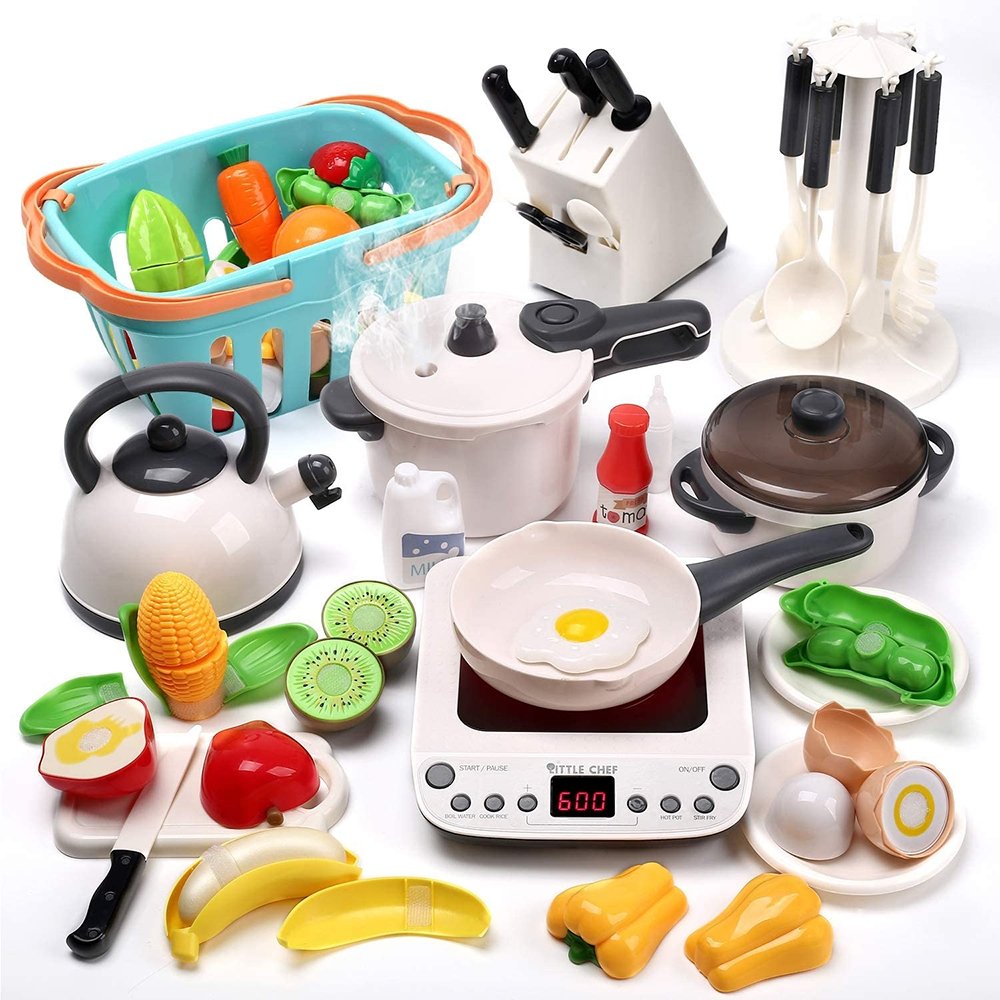 CUTE STONE Kitchen Play Toy with Cookware Playset Steam Pressure Pot Cooktop
