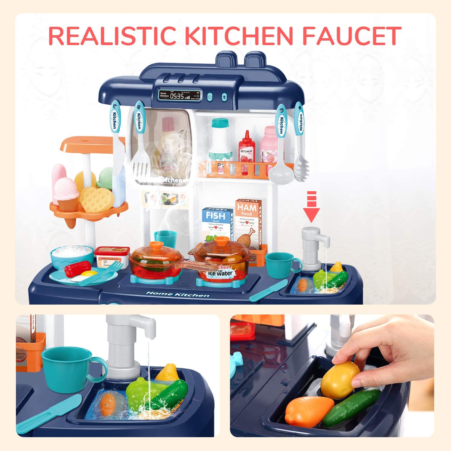 CUTE STONE Little Kitchen Playset Kids Play Sink Dessert Shelf Toy Running Water