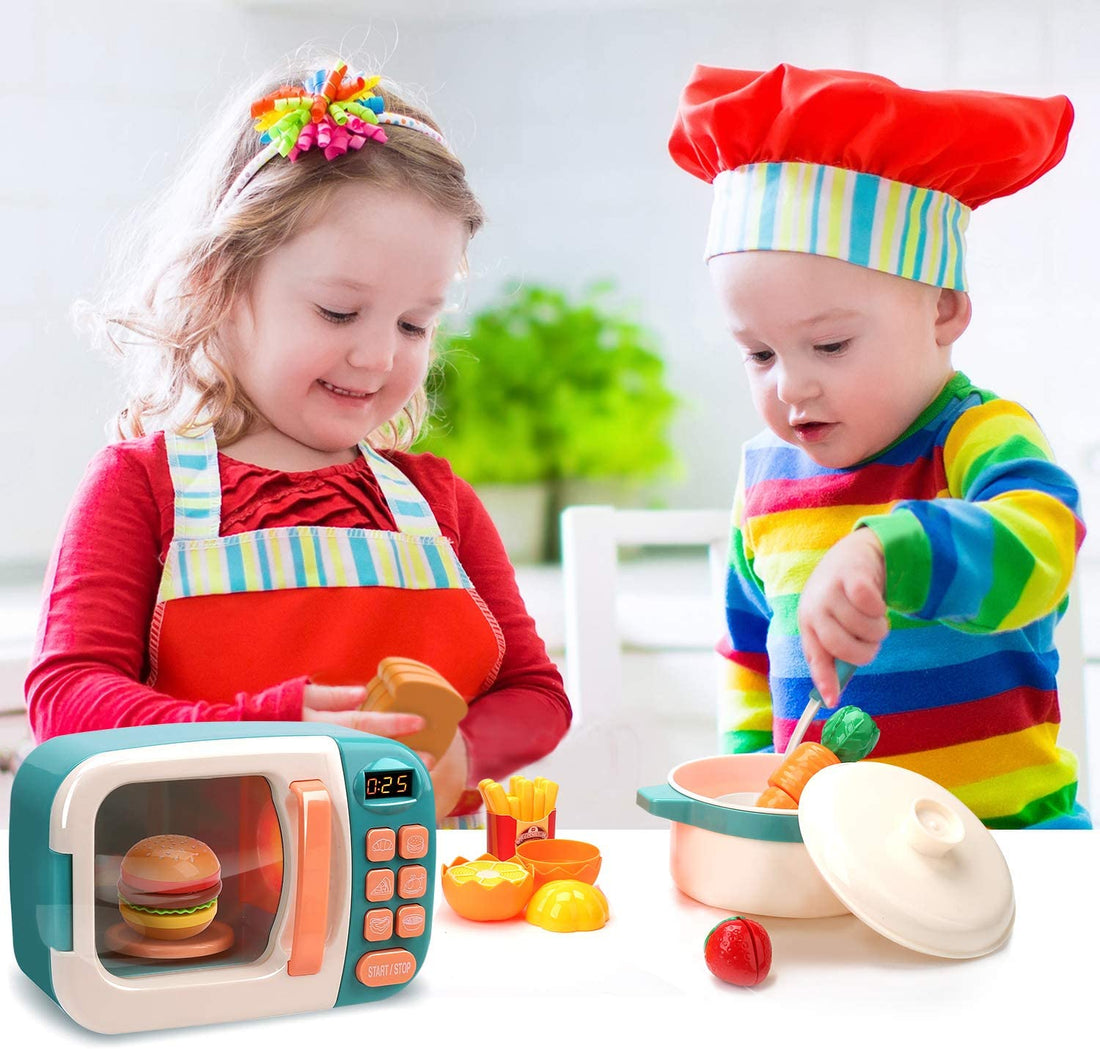 CUTE STONE Microwave Toys Kitchen Play Set Kids Pretend Electronic Oven Cookware