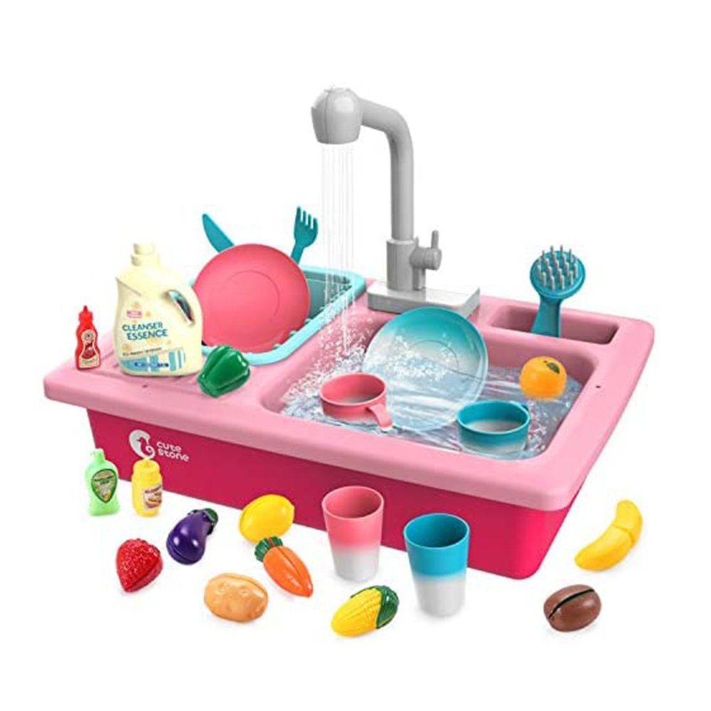 CUTE STONE Play Kitchen Sink Toys Electric Dishwasher Playing Toy Color Changing