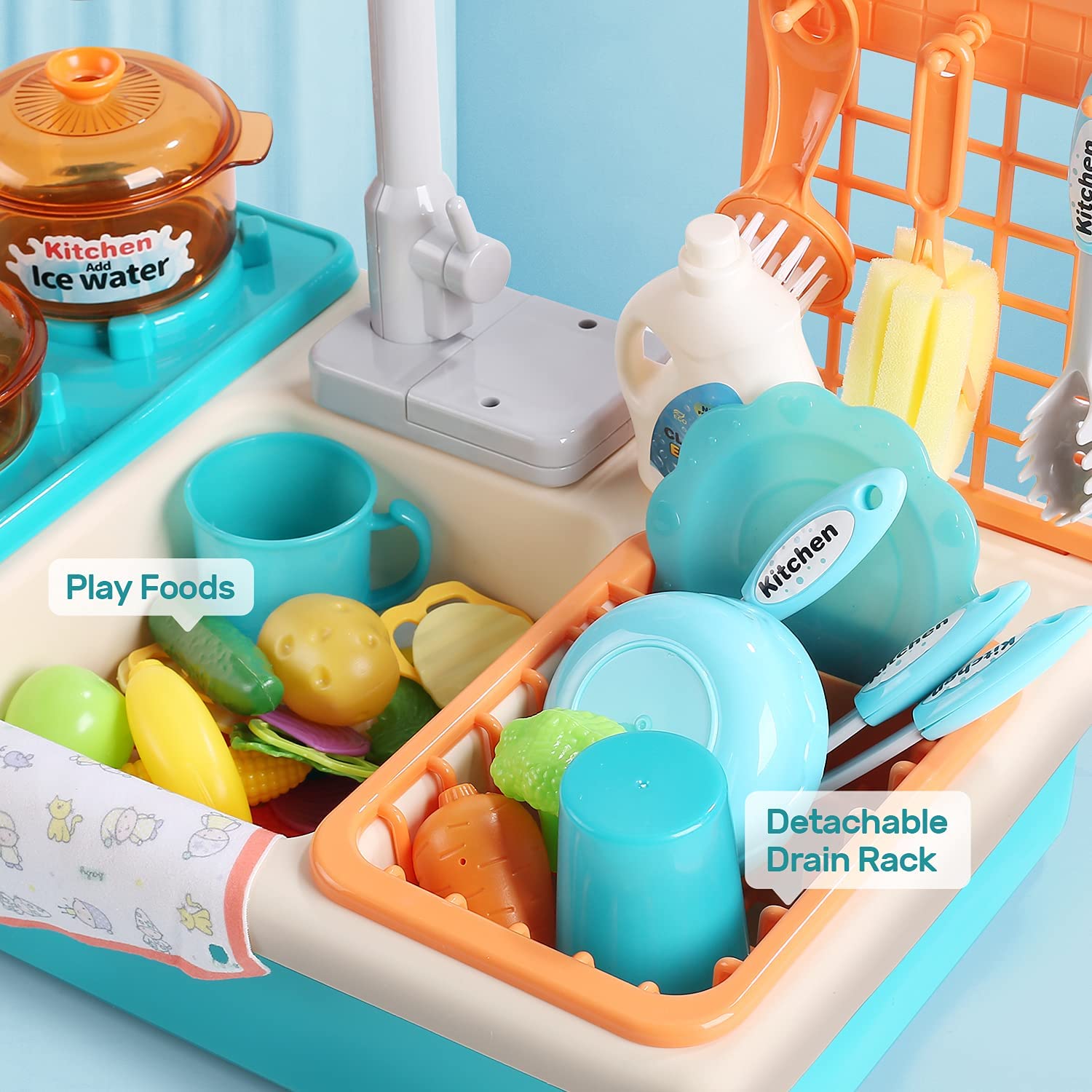 CUTE STONE Pretend Play Kitchen Sink Toys Cooking Stove Cookware Pot and Pan