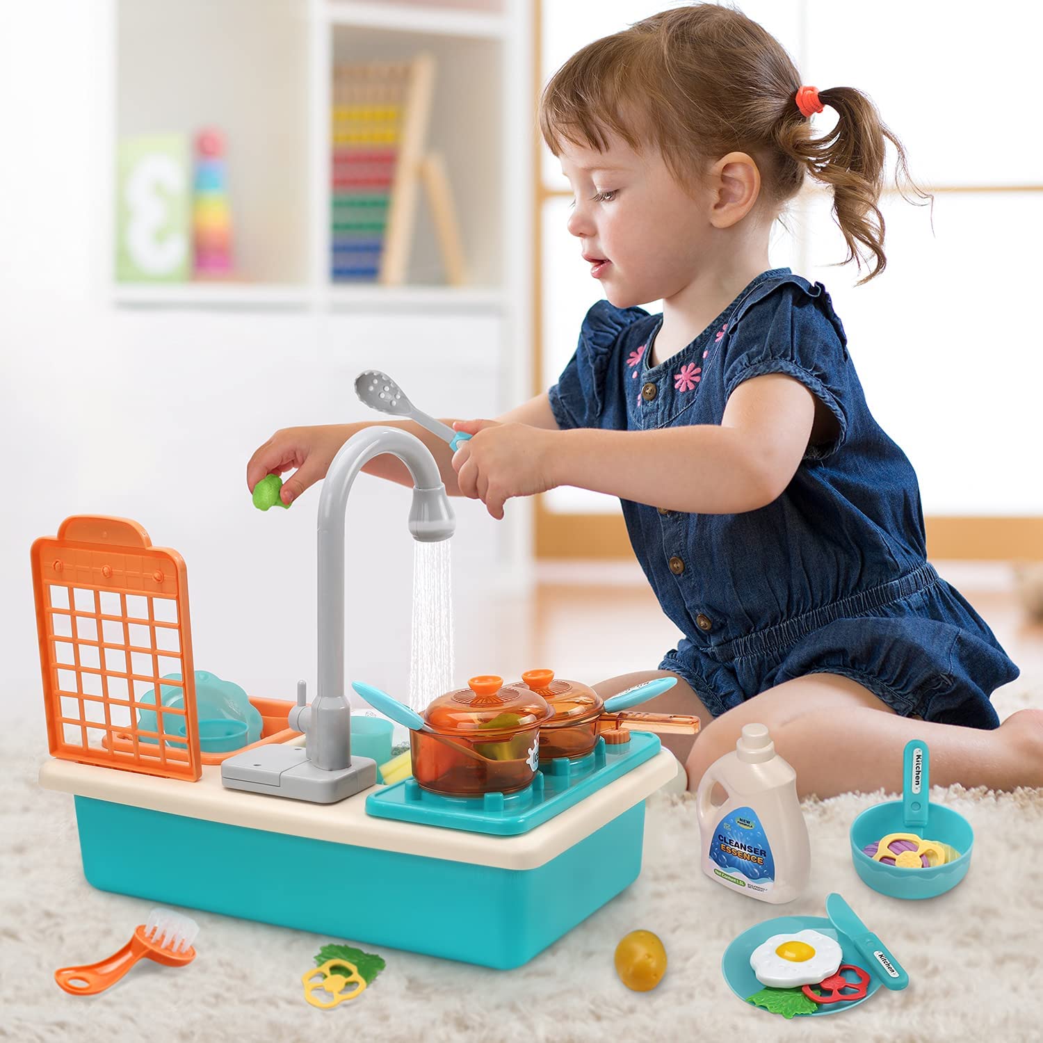 CUTE STONE Pretend Play Kitchen Sink Toys Cooking Stove Cookware Pot and Pan