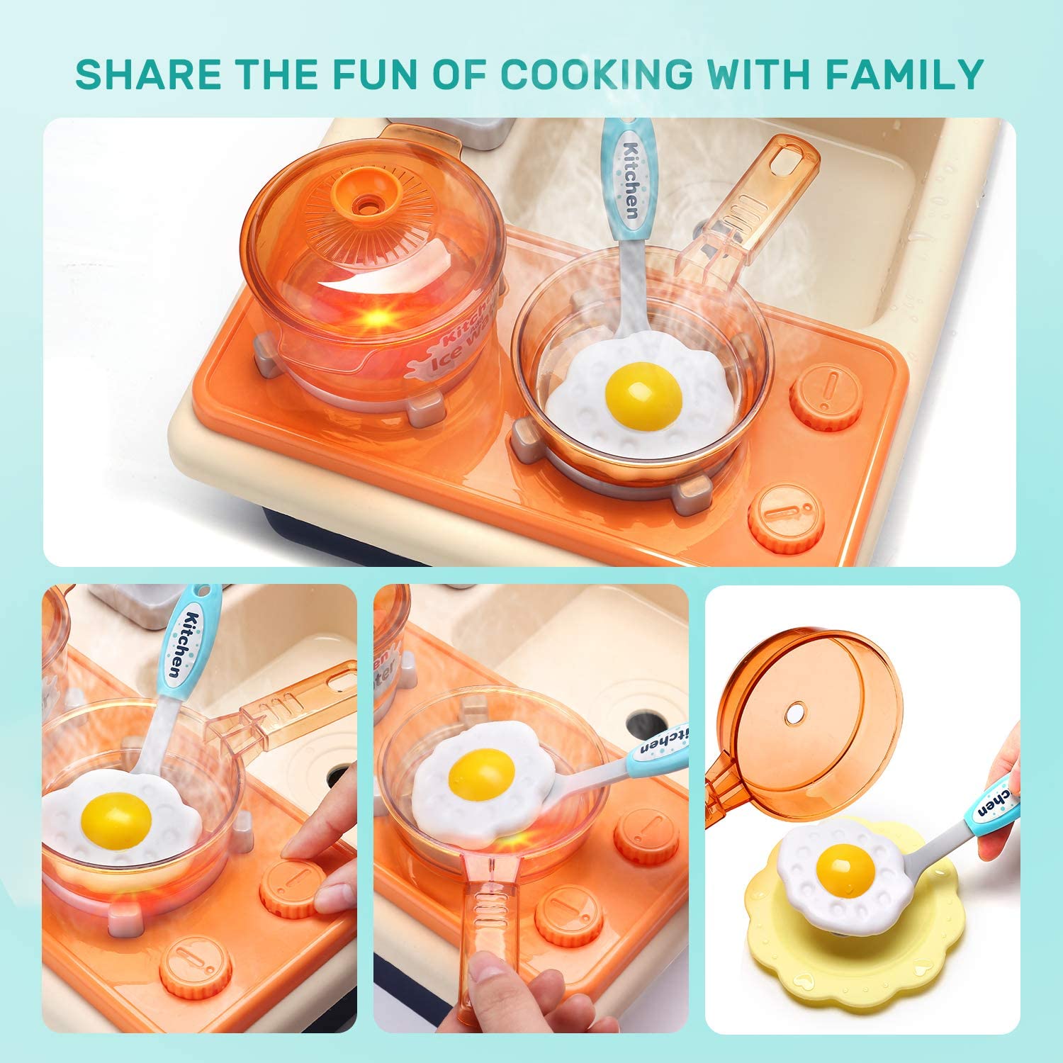 CUTE STONE Pretend Play Kitchen Sink Toys Play Cooking Stove Pot Pan Tableware