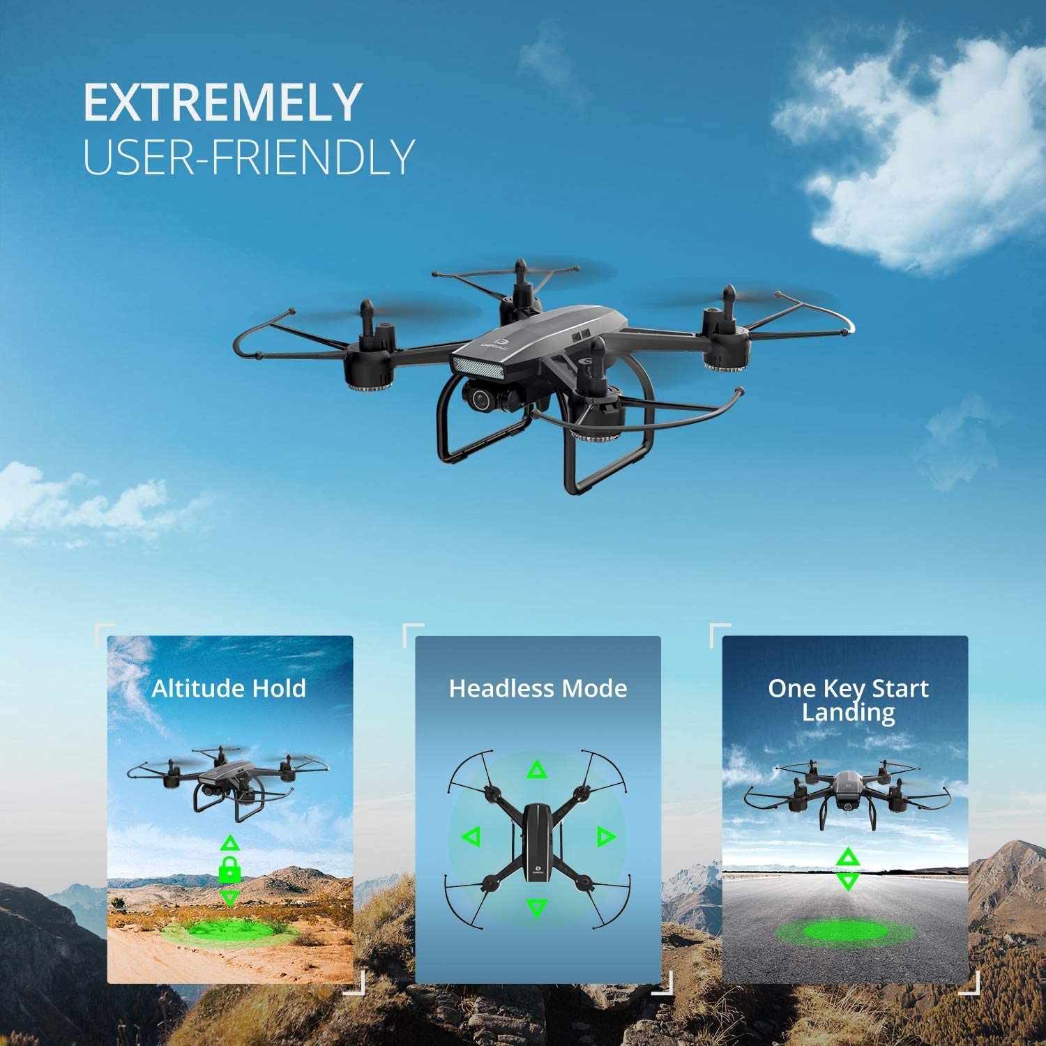 DEERC D50 Drone 2K UHD Camera FPV Live Video 120 FOV 2 Batteries and Backpack