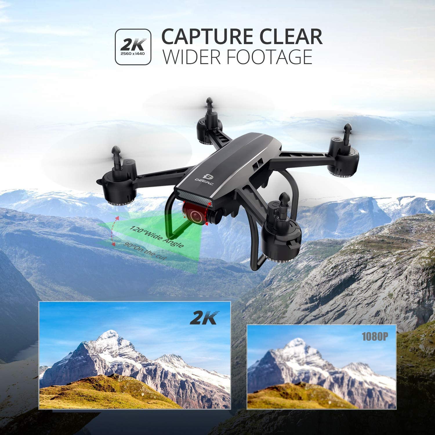 DEERC D50 Drone for Adults with 2K UHD Camera FPV Live Video 120 FOV 2 Batteries