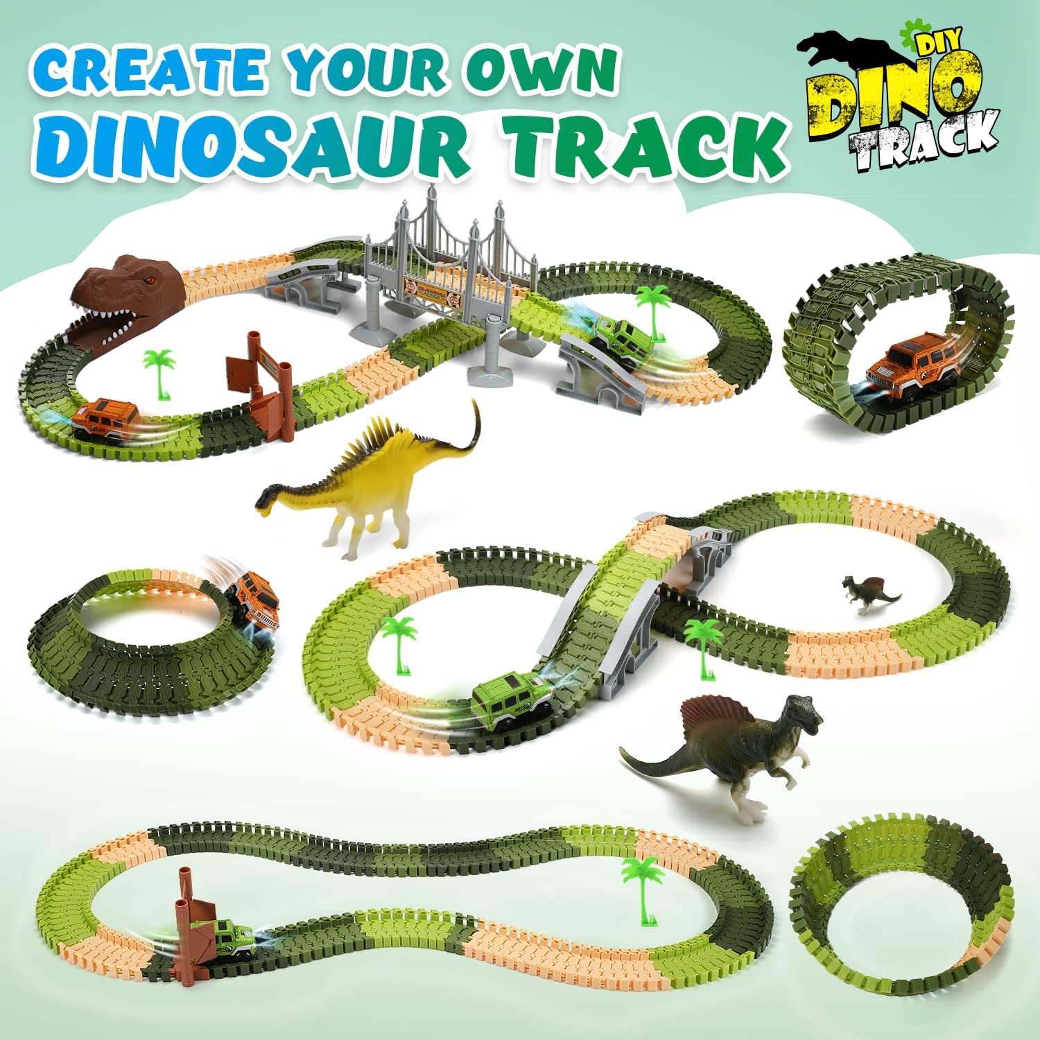 EagleStone Dinosaur Toys 194 Pcs Race Car Track Set for Kids Train Tracks Cars
