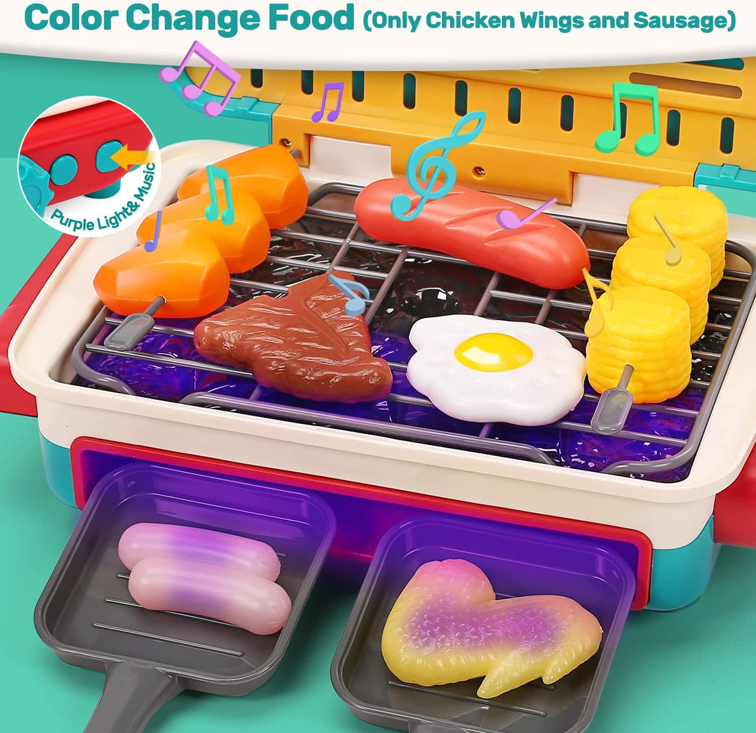 HOLYFUN 42Pcs Kids BBQ Grill Toy Barbecue Kitchen Cooking Playset Pretend Toys