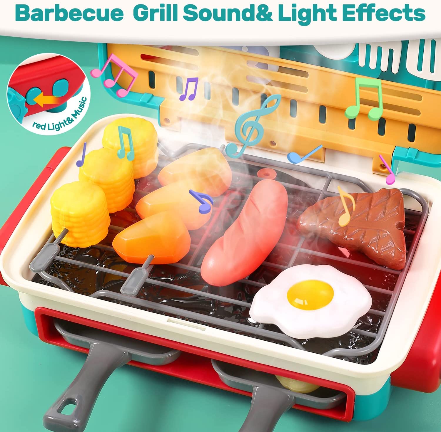 HOLYFUN 42Pcs Kids BBQ Grill Toy Barbecue Kitchen Cooking Playset Pretend Toys
