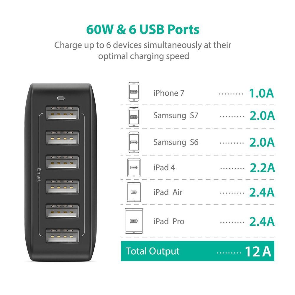 RAVpower 60W 12A 6 USB Port USB Charger