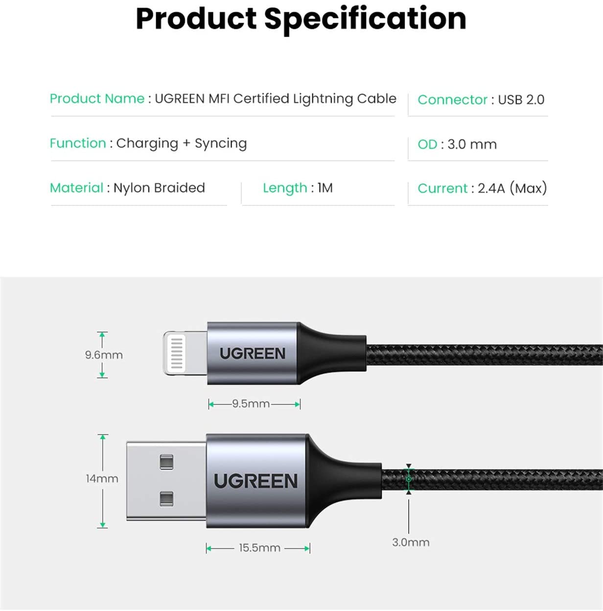 UGREEN Lightning Charging Cable Nylon braided Apple MFi Certified iPhone 6ft 2M