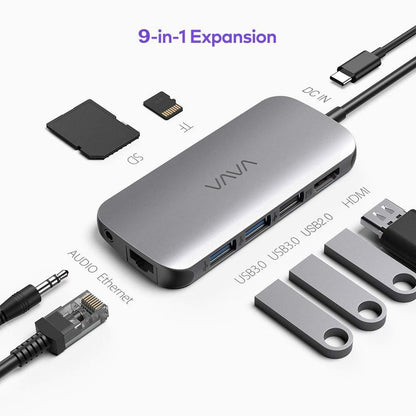 VAVA USB C Hub 9-in-1 Adapter with PD Power Delivery 4K HDMI Gigabit Ethernet